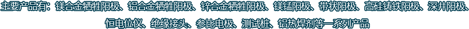 主要產(chǎn)品有：鎂合金犧牲陽(yáng)極、鋁合金犧牲陽(yáng)極、鋅合金犧牲陽(yáng)極、鎂錳陽(yáng)極、帶狀陽(yáng)極、高硅鑄鐵陽(yáng)極、深井陽(yáng)極、恒電位儀、絕緣接頭、參比電極、測(cè)試樁、鋁熱焊劑等一系列產(chǎn)品